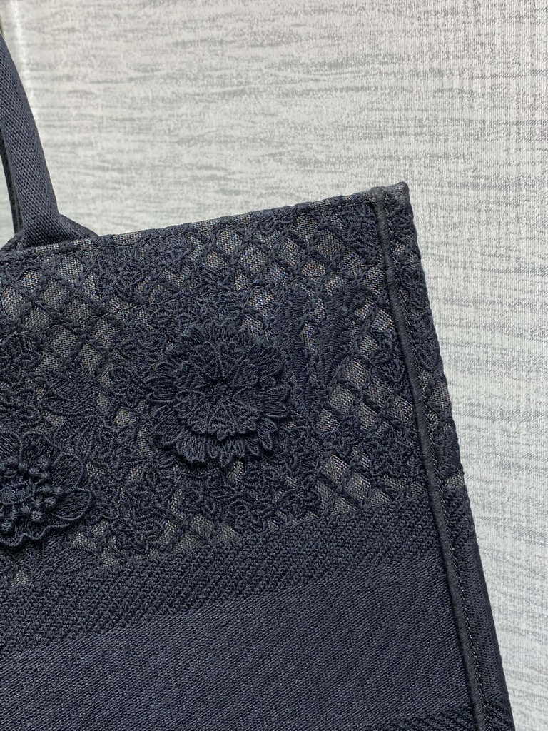 Dior Large Book Tote Bag M1286 Black Lace Flower Embroidery
