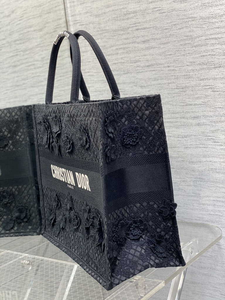 Dior Large Book Tote Bag M1286 Black Lace Flower Embroidery