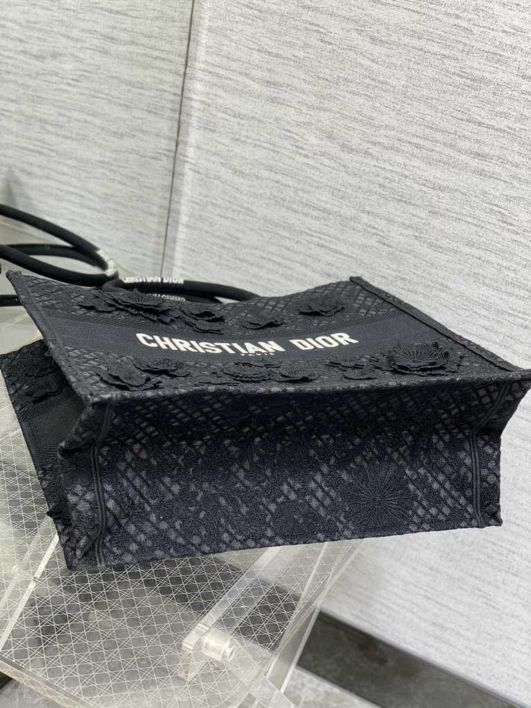 Dior Large Book Tote Bag M1286 Black Lace Flower Embroidery