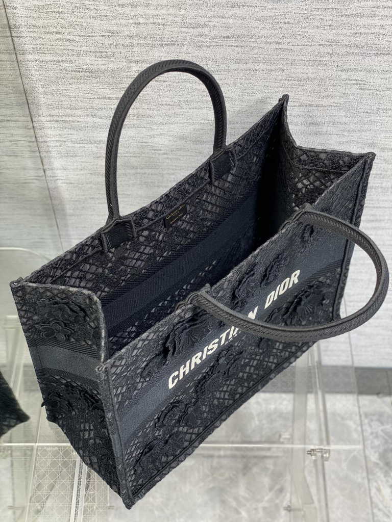 Dior Large Book Tote Bag M1286 Black Lace Flower Embroidery