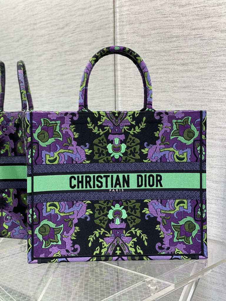Dior Large Book Tote Bag M1286 Multicolor Dior Indian Purple Embroidery