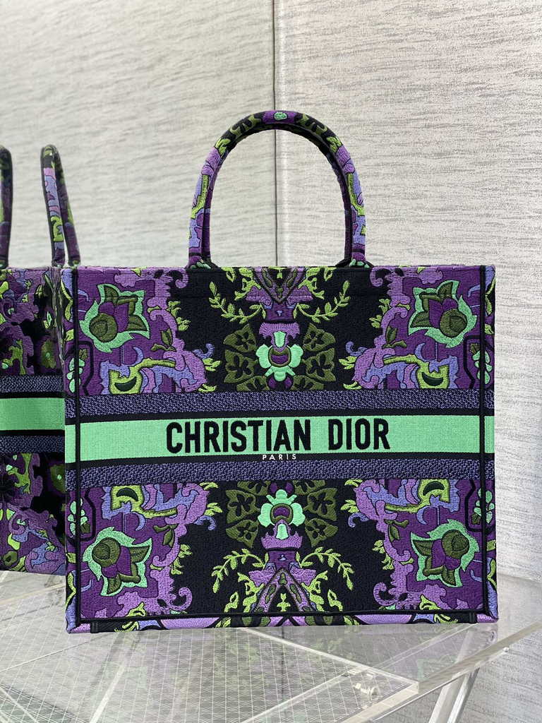 Dior Large Book Tote Bag M1286 Multicolor Dior Indian Purple Embroidery