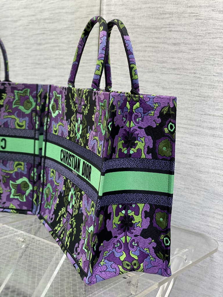 Dior Large Book Tote Bag M1286 Multicolor Dior Indian Purple Embroidery