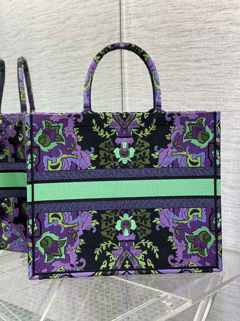 Dior Large Book Tote Bag M1286 Multicolor Dior Indian Purple Embroidery