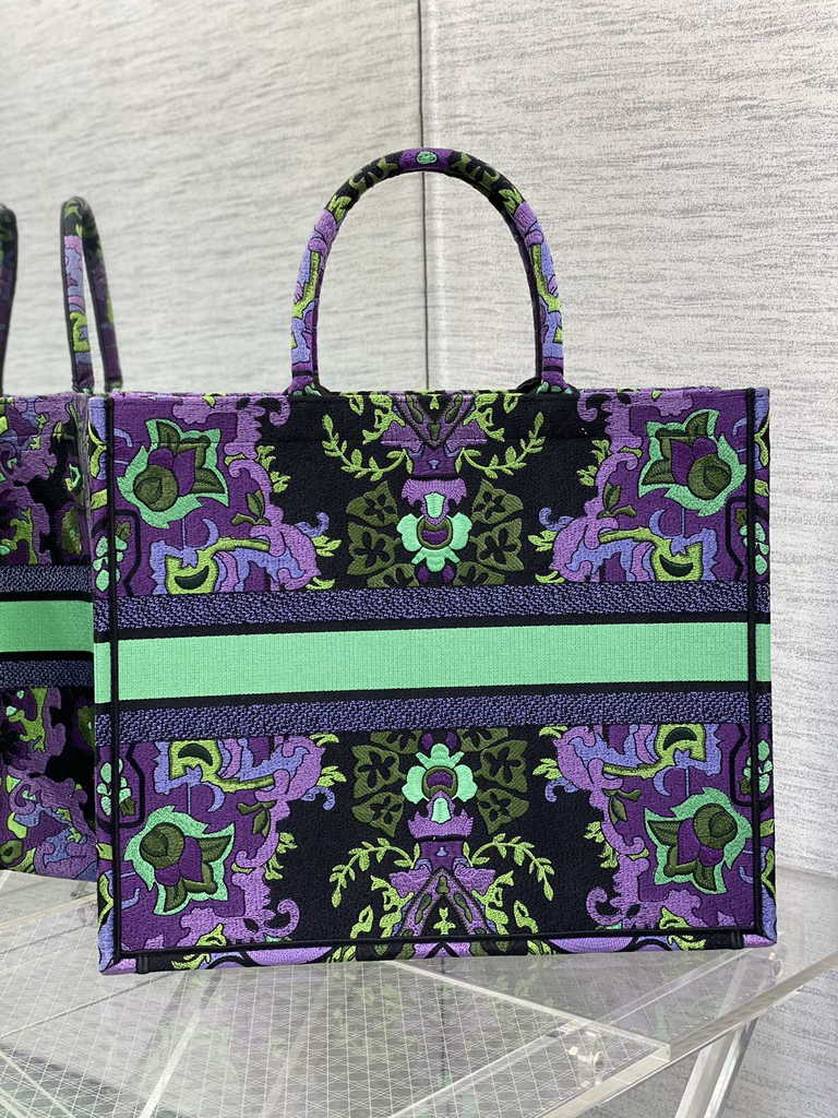 Dior Large Book Tote Bag M1286 Multicolor Dior Indian Purple Embroidery