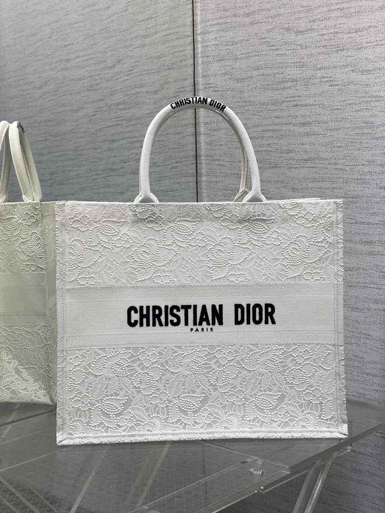 Dior Large Book Tote Bag M1286 White-Tone Black D-Lace Embroidery
