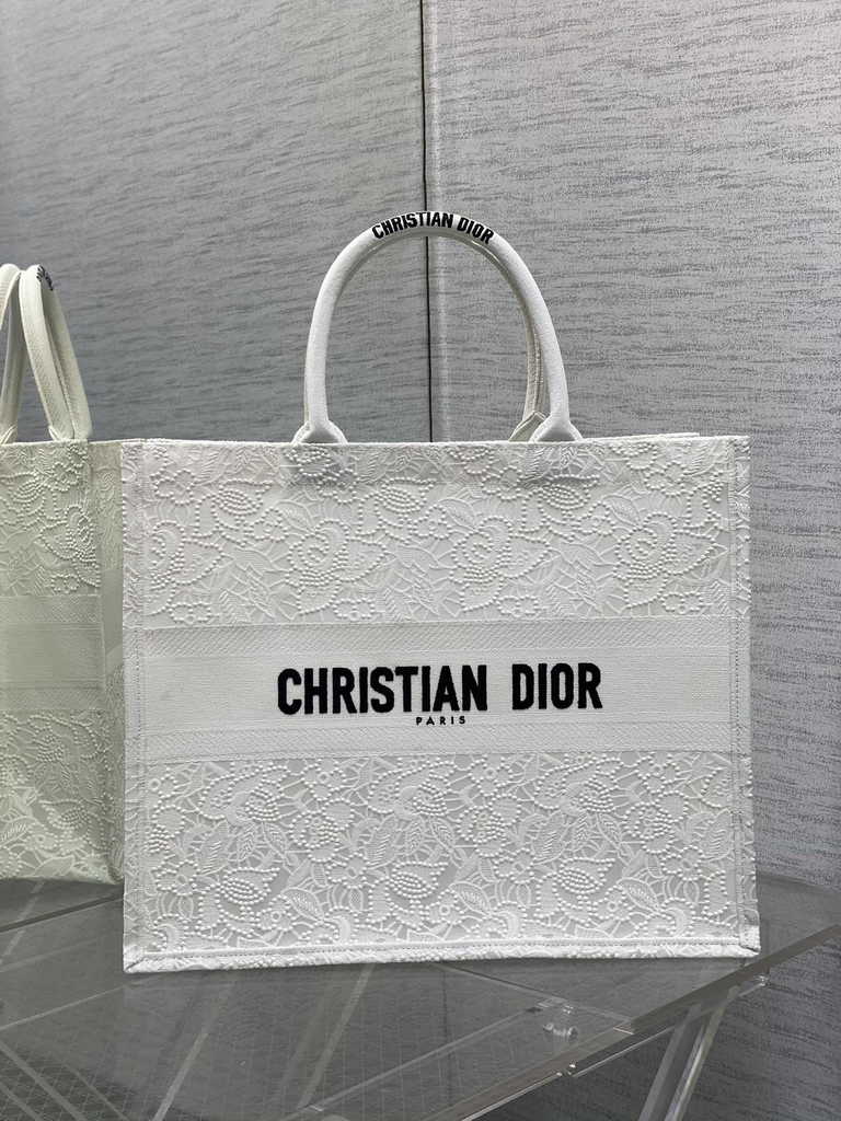 Dior Large Book Tote Bag M1286 White-Tone Black D-Lace Embroidery