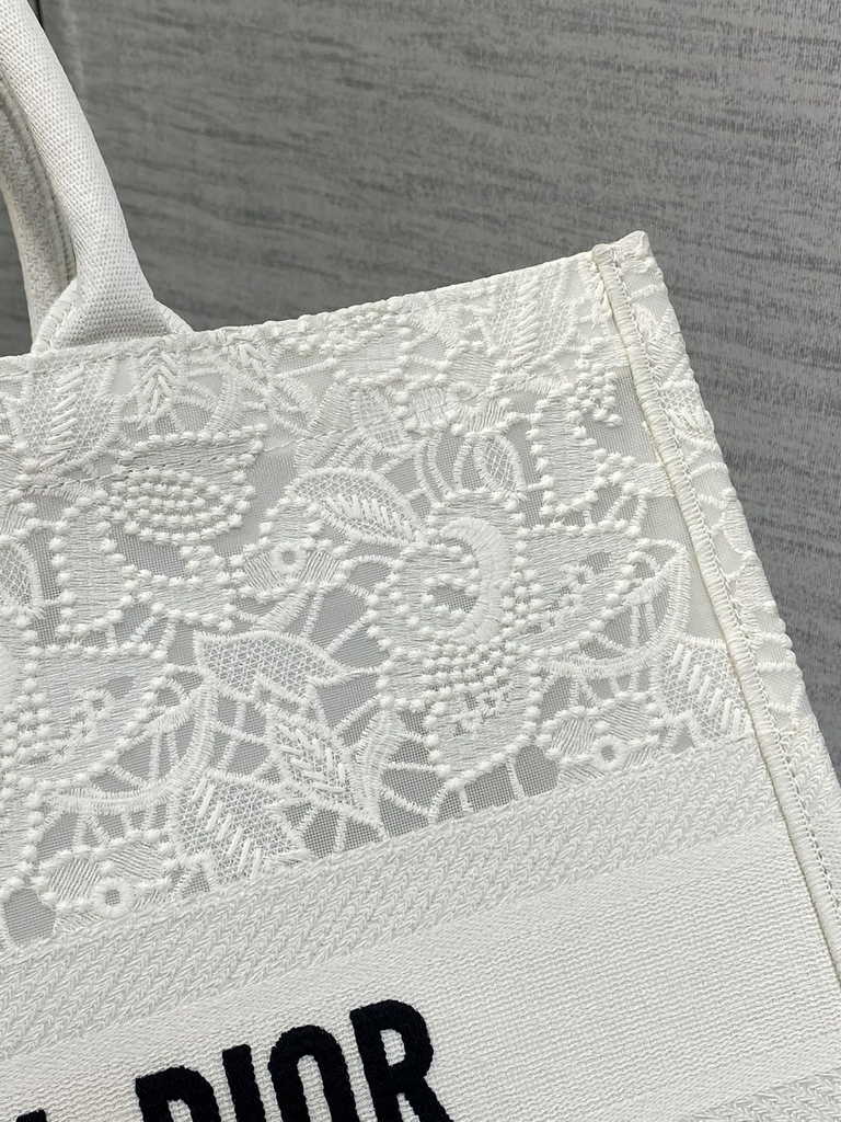 Dior Large Book Tote Bag M1286 White-Tone Black D-Lace Embroidery