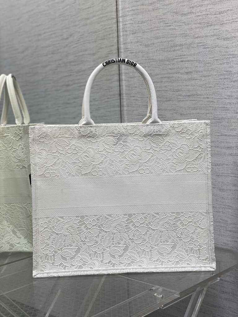Dior Large Book Tote Bag M1286 White-Tone Black D-Lace Embroidery