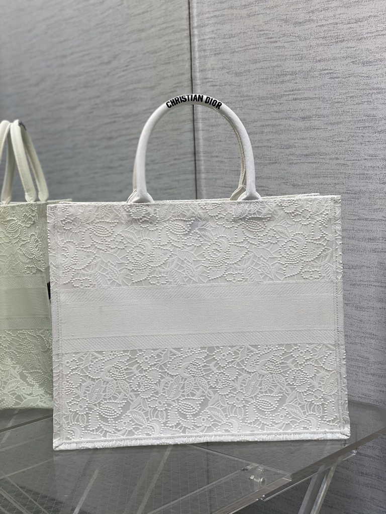 Dior Large Book Tote Bag M1286 White-Tone Black D-Lace Embroidery