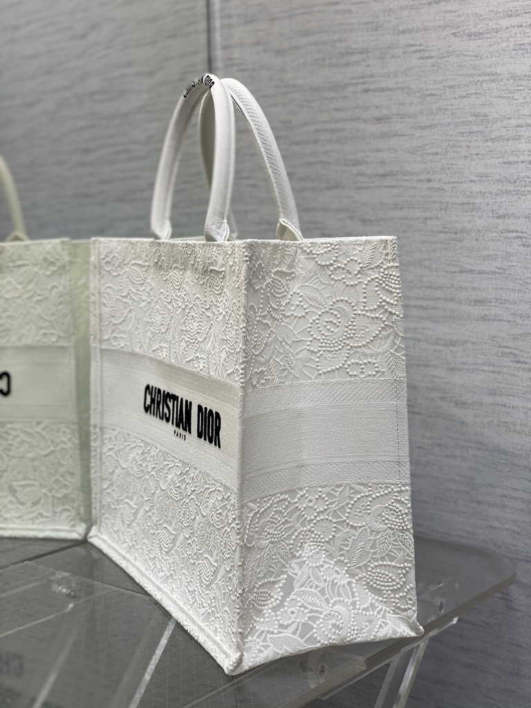 Dior Large Book Tote Bag M1286 White-Tone Black D-Lace Embroidery