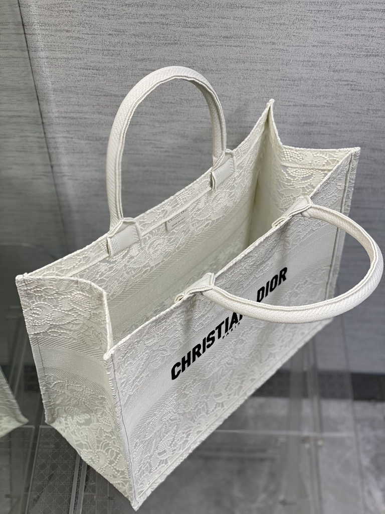 Dior Large Book Tote Bag M1286 White-Tone Black D-Lace Embroidery