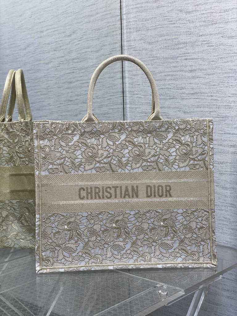 Dior Large Book Tote Bag M1286 Gold-Tone D-Lace Embroidery with Macramé Effect