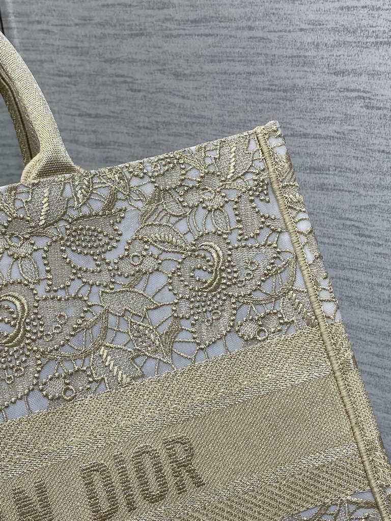 Dior Large Book Tote Bag M1286 Gold-Tone D-Lace Embroidery with Macramé Effect
