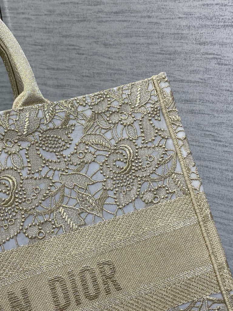 Dior Large Book Tote Bag M1286 Gold-Tone D-Lace Embroidery with Macramé Effect