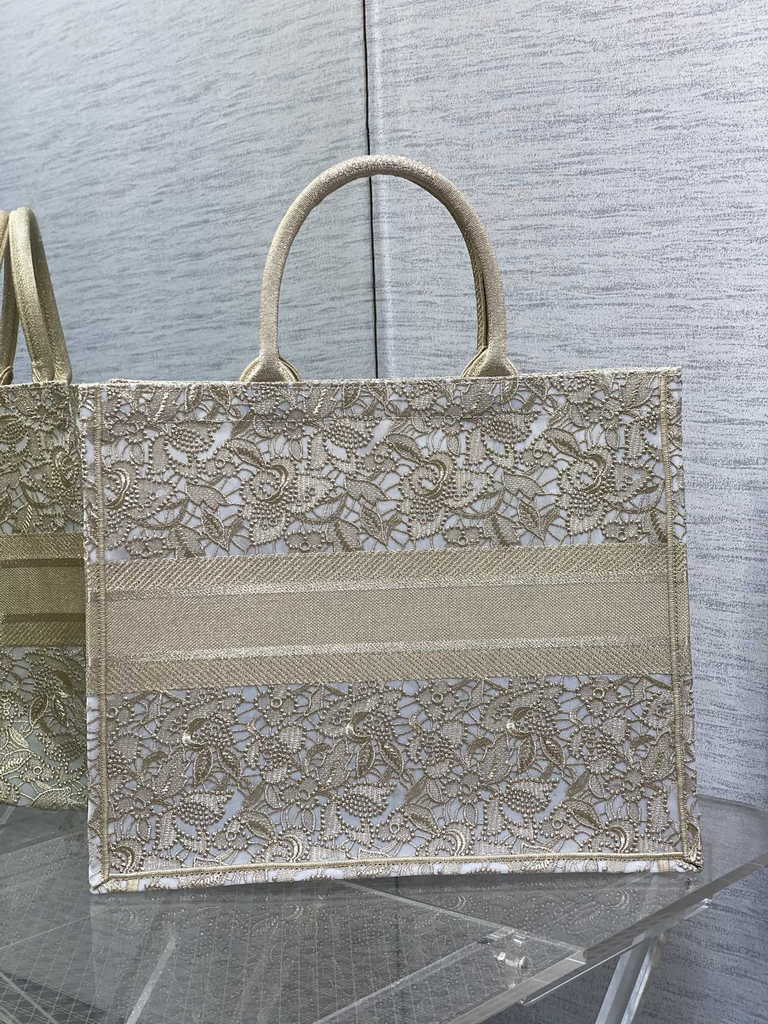 Dior Large Book Tote Bag M1286 Gold-Tone D-Lace Embroidery with Macramé Effect
