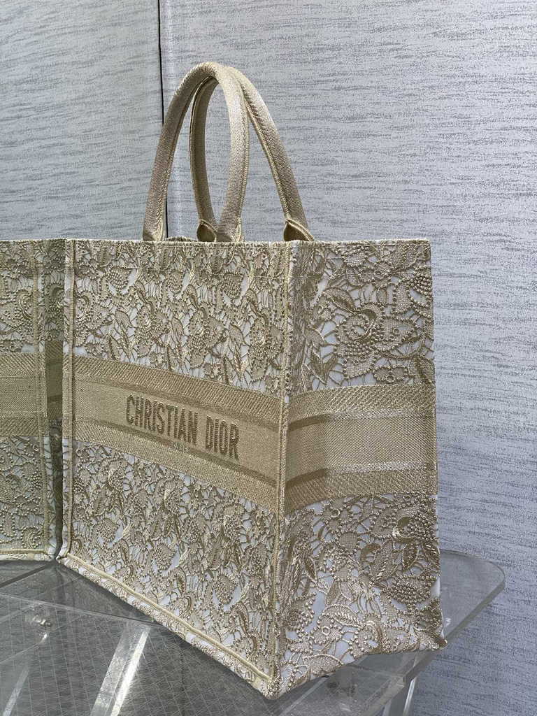 Dior Large Book Tote Bag M1286 Gold-Tone D-Lace Embroidery with Macramé Effect