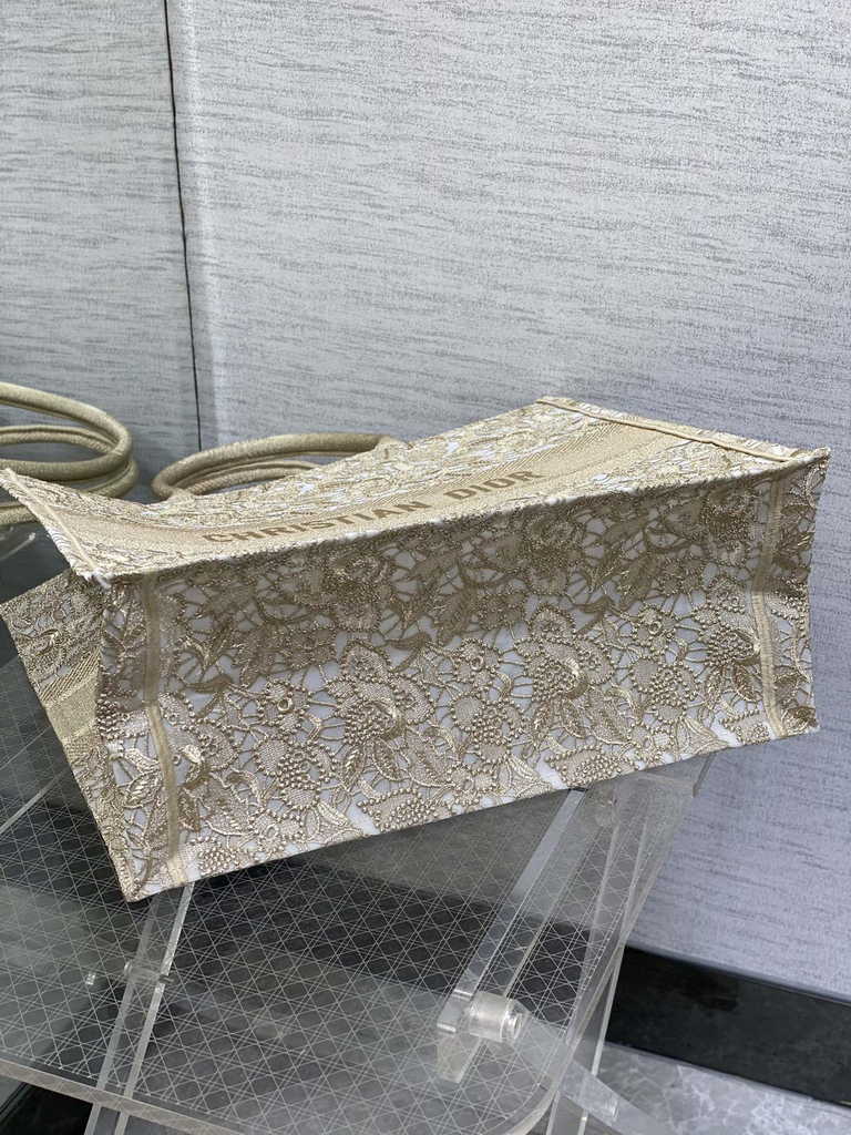 Dior Large Book Tote Bag M1286 Gold-Tone D-Lace Embroidery with Macramé Effect