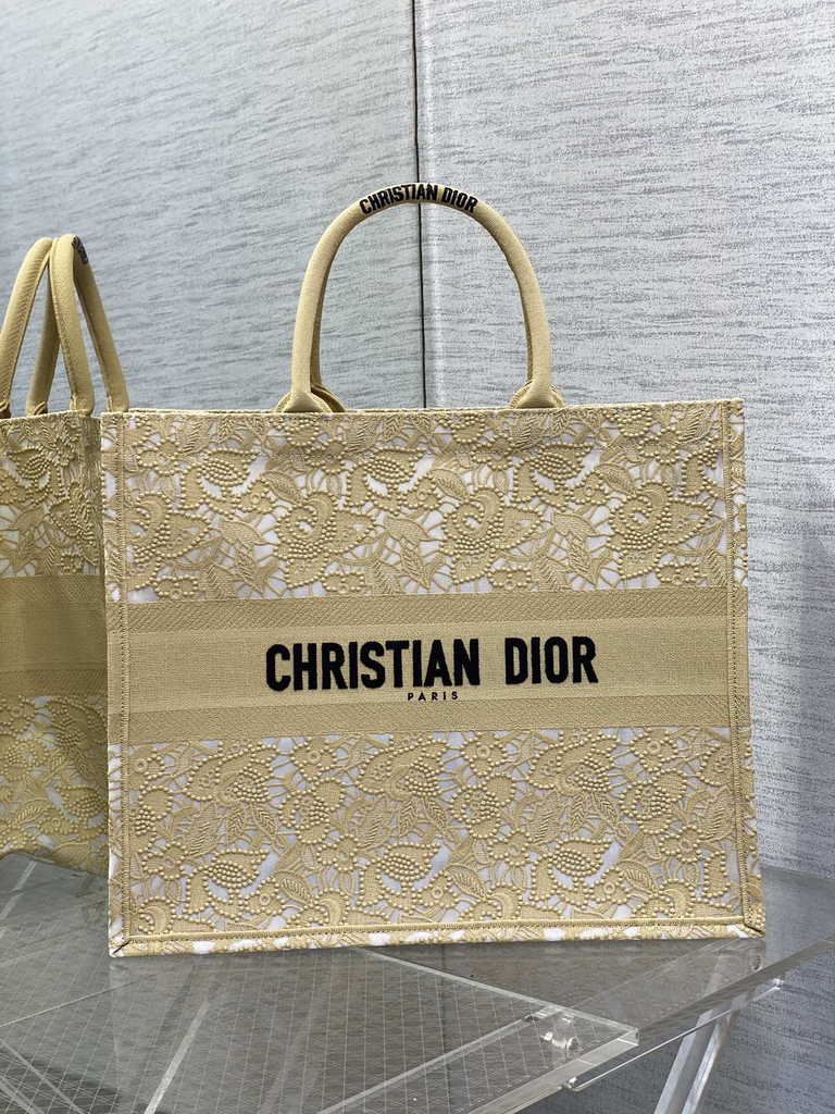 Dior Large Book Tote Bag M1286 Gold-Tone Black D-Lace Embroidery