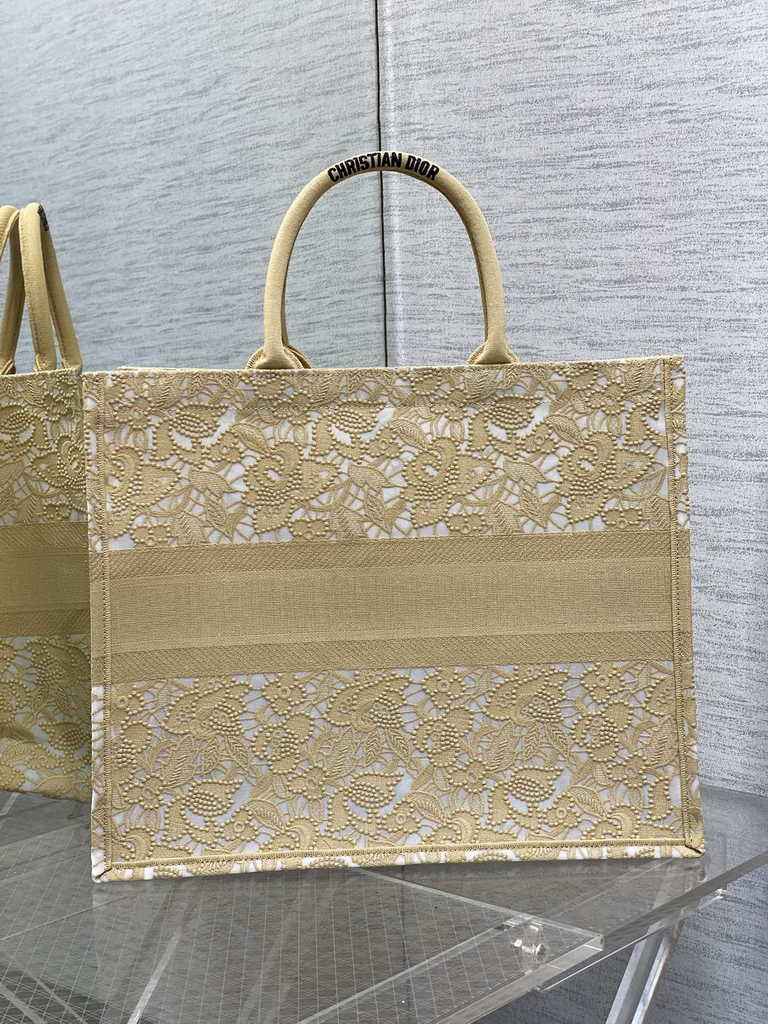 Dior Large Book Tote Bag M1286 Gold-Tone Black D-Lace Embroidery