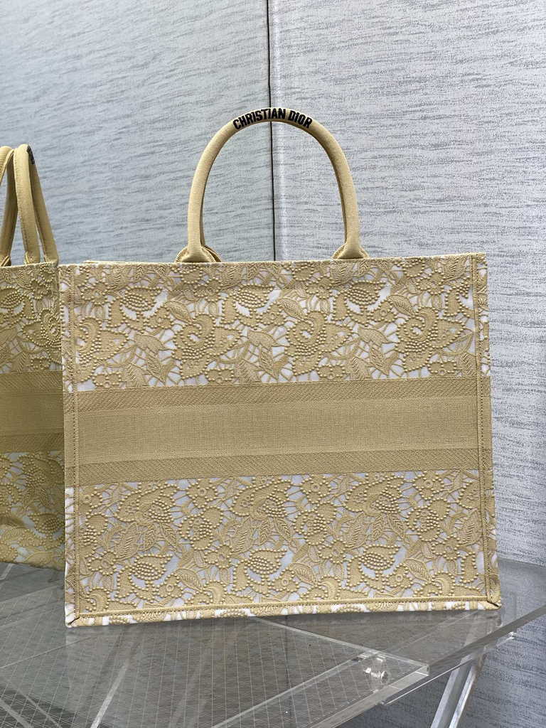 Dior Large Book Tote Bag M1286 Gold-Tone Black D-Lace Embroidery
