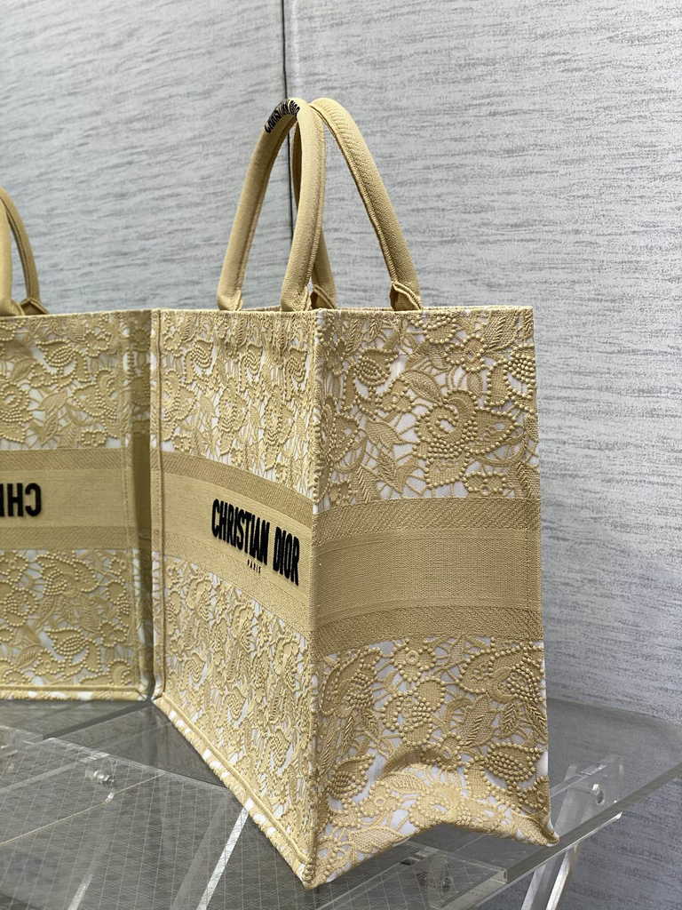 Dior Large Book Tote Bag M1286 Gold-Tone Black D-Lace Embroidery