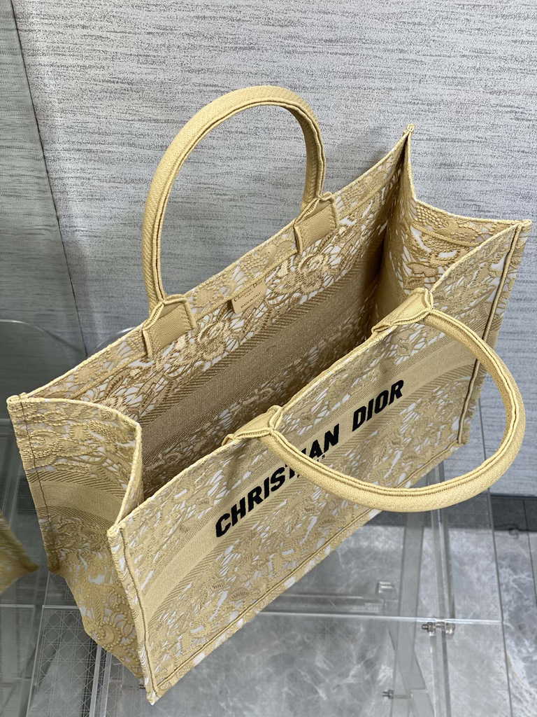 Dior Large Book Tote Bag M1286 Gold-Tone Black D-Lace Embroidery