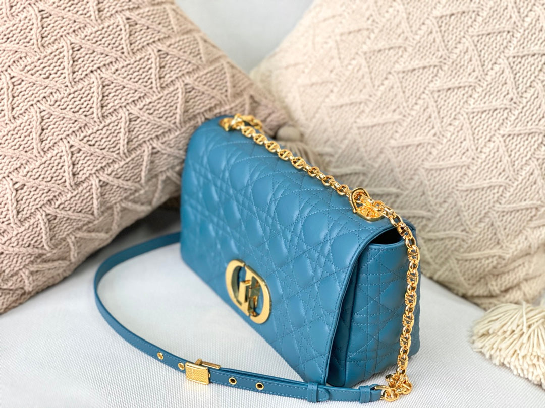 Dior Large Caro Bag M9243 Calfskin Blue Gold - Default Title - View 4
