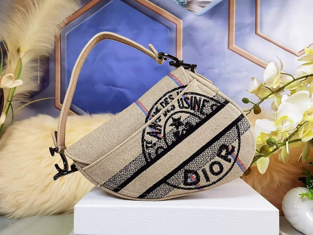 Dior M0446 Saddle Bag Beige Jute Canvas Embroidered