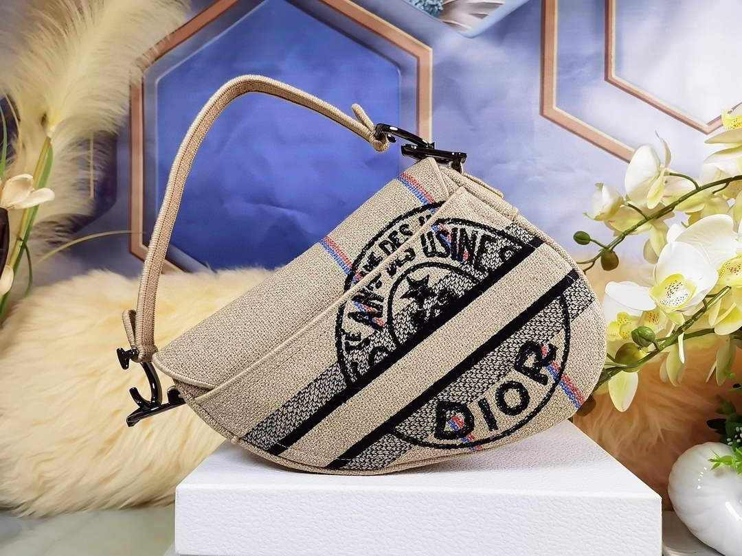 Dior M0446 Saddle Bag Beige Jute Canvas Embroidered
