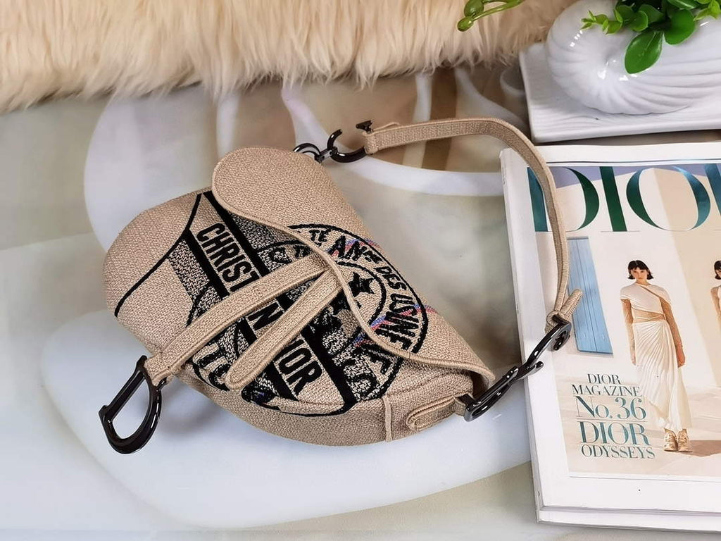 Dior M0446 Saddle Bag Beige Jute Canvas Embroidered