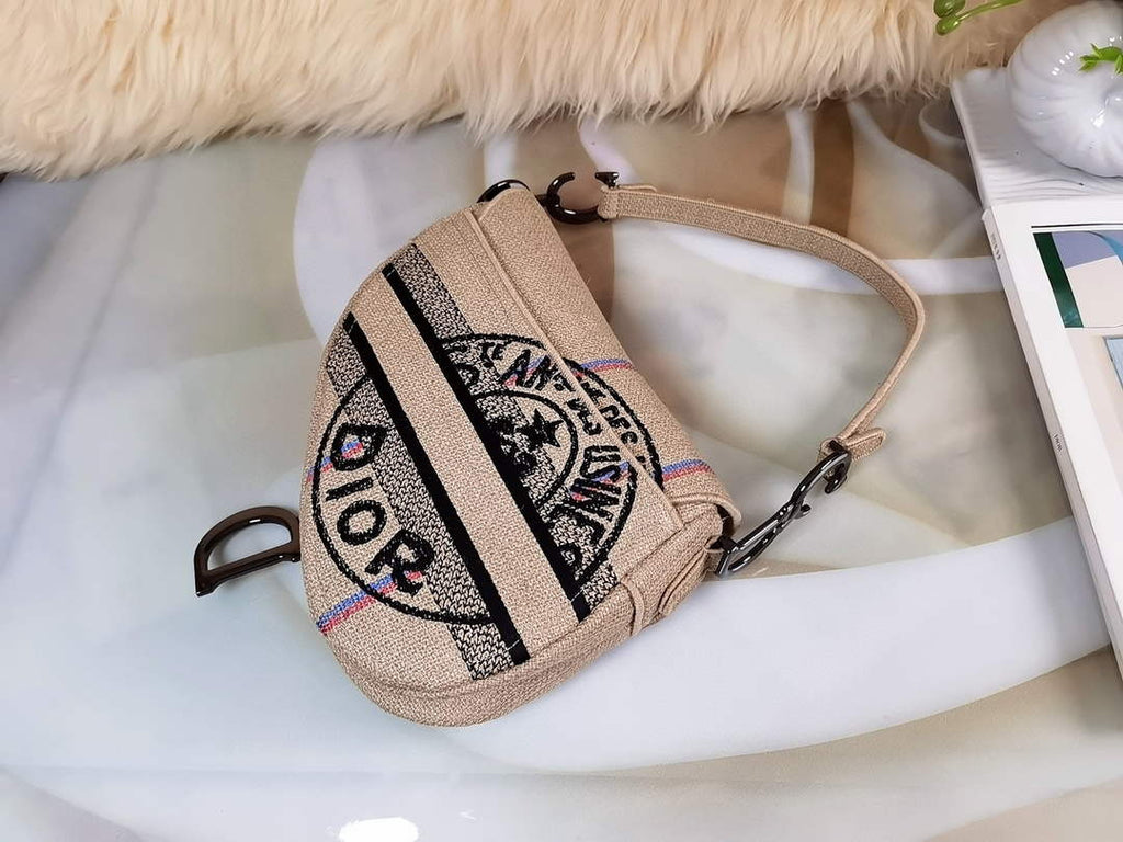 Dior M0446 Saddle Bag Beige Jute Canvas Embroidered
