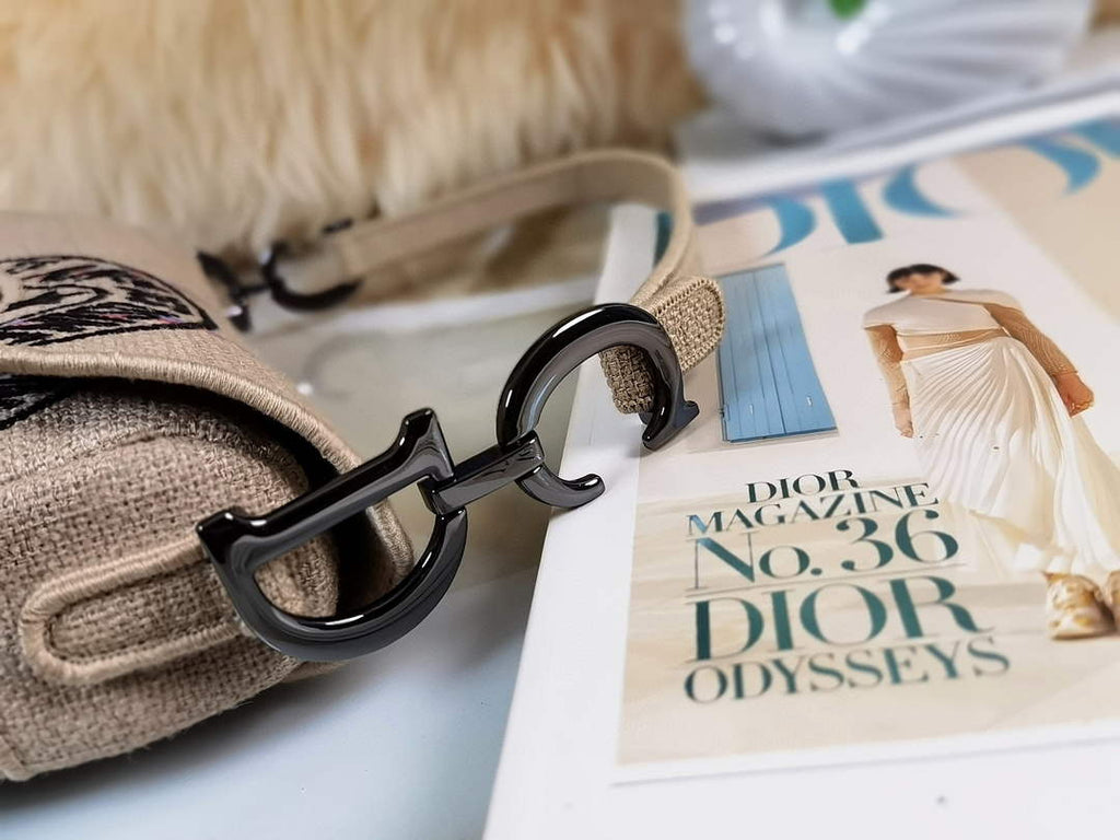 Dior M0446 Saddle Bag Beige Jute Canvas Embroidered
