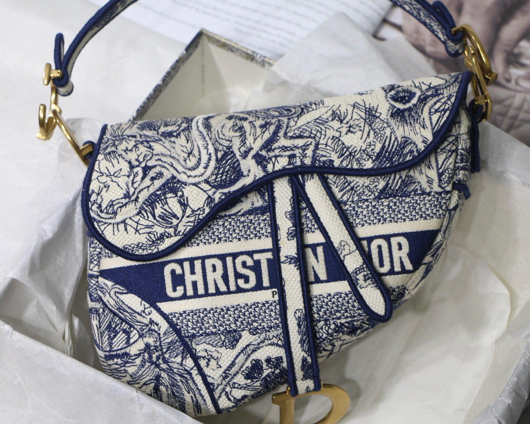 Dior M0446 Saddle Bag Blue Toile de Jouy Embroidery