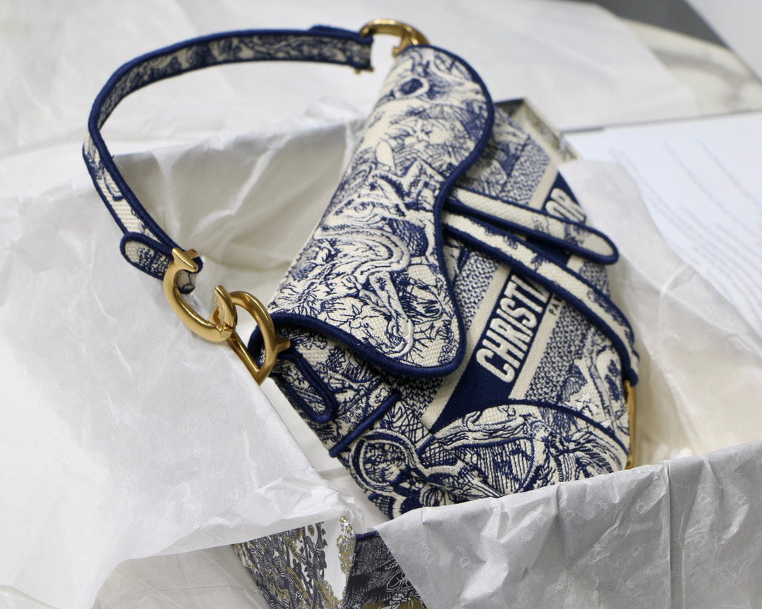 Dior M0446 Saddle Bag Blue Toile de Jouy Embroidery
