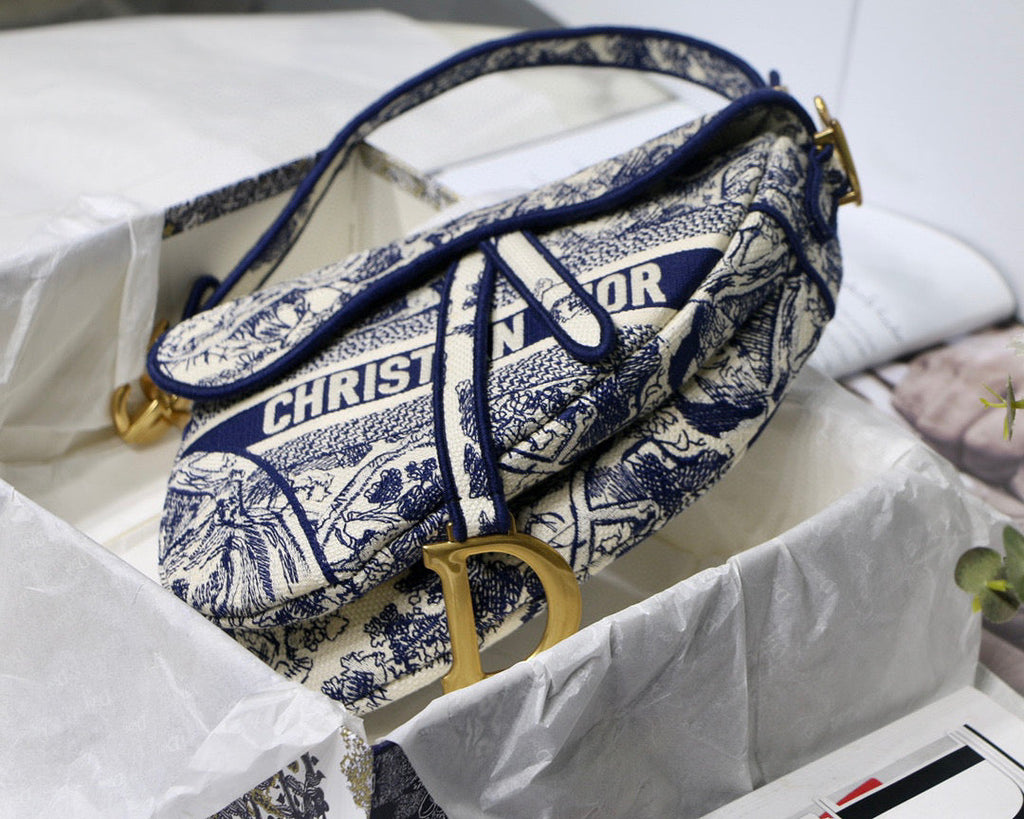 Dior M0446 Saddle Bag Blue Toile de Jouy Embroidery