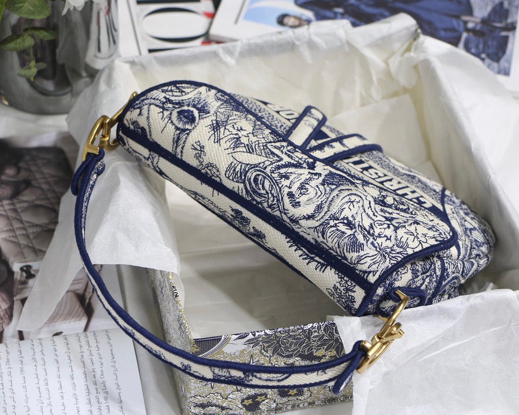 Dior M0446 Saddle Bag Blue Toile de Jouy Embroidery