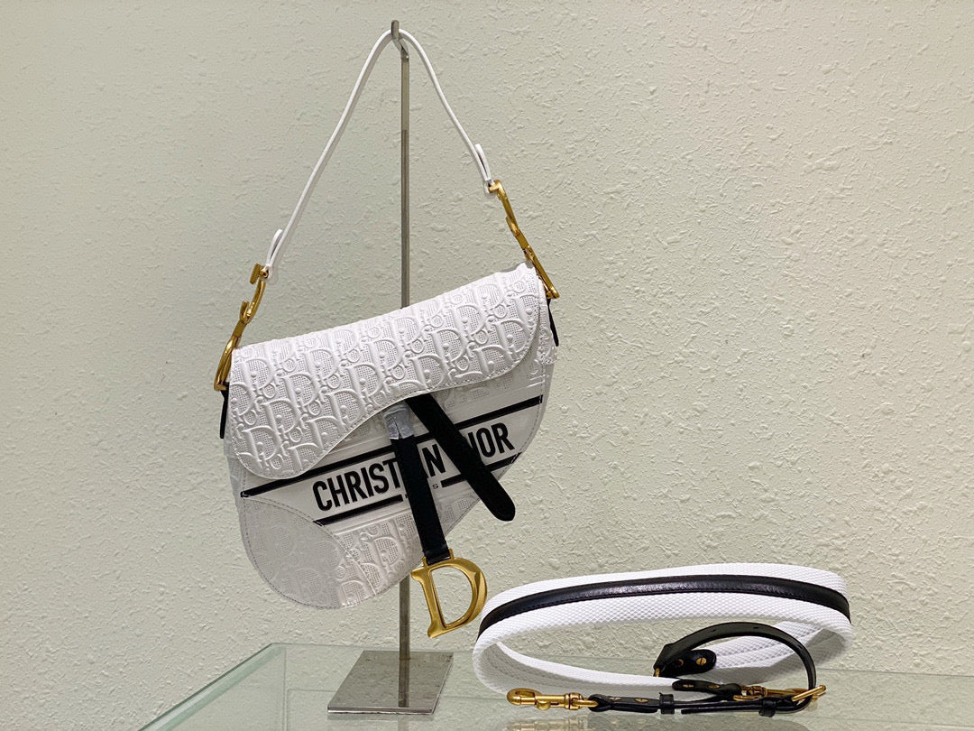 Dior M0446 Saddle Bag White and Blue Dior Oblique Perforated Calfskin