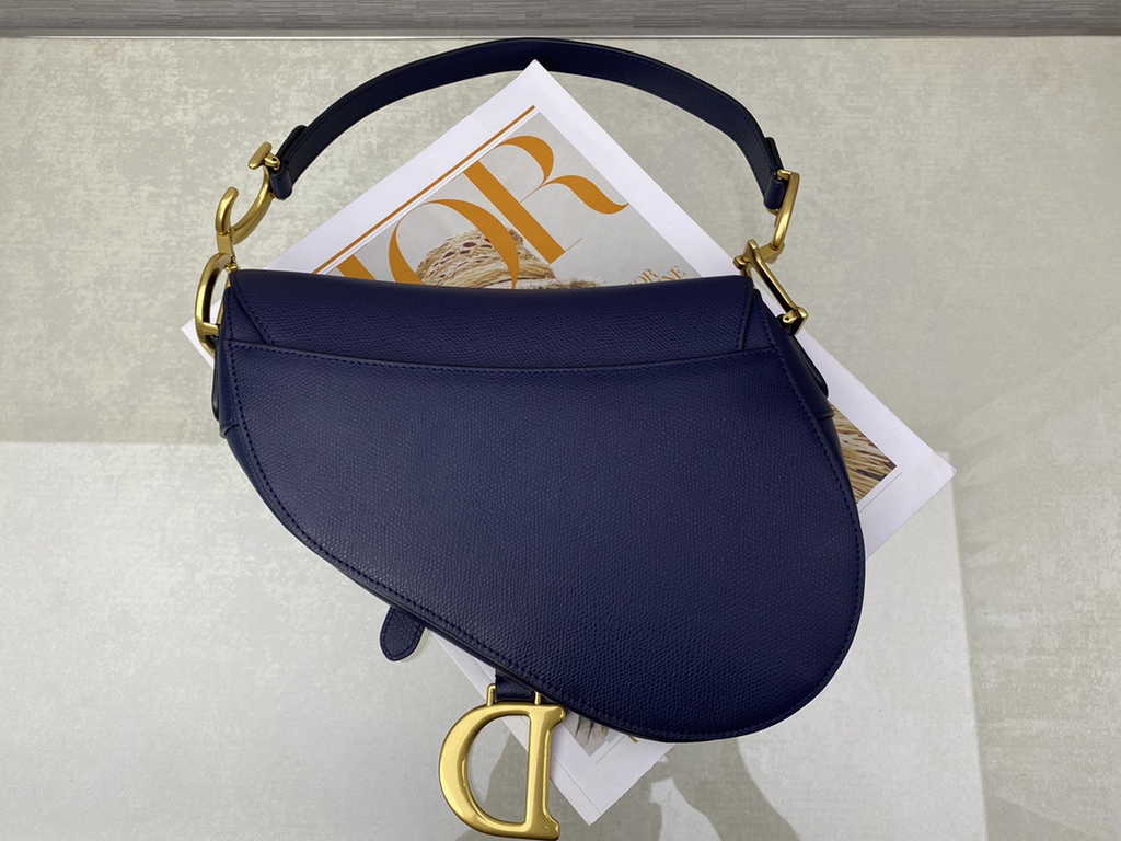 Dior M0455 Saddle Bag with Strap Navy Blue Grained Calfskin