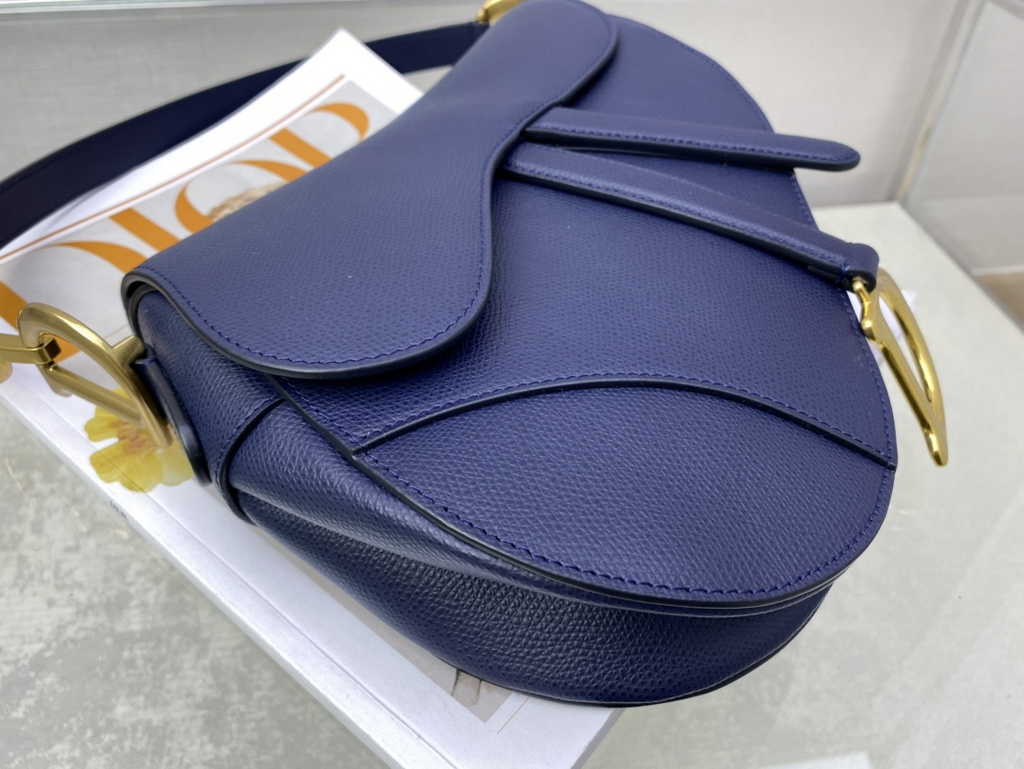 Dior M0455 Saddle Bag with Strap Navy Blue Grained Calfskin
