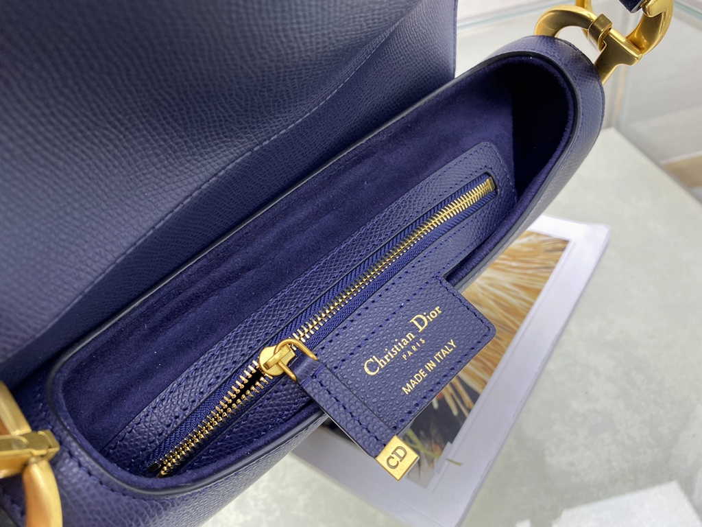 Dior M0455 Saddle Bag with Strap Navy Blue Grained Calfskin