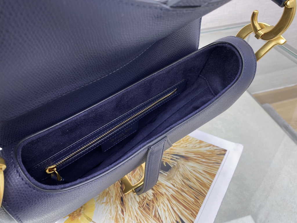 Dior M0455 Saddle Bag with Strap Navy Blue Grained Calfskin