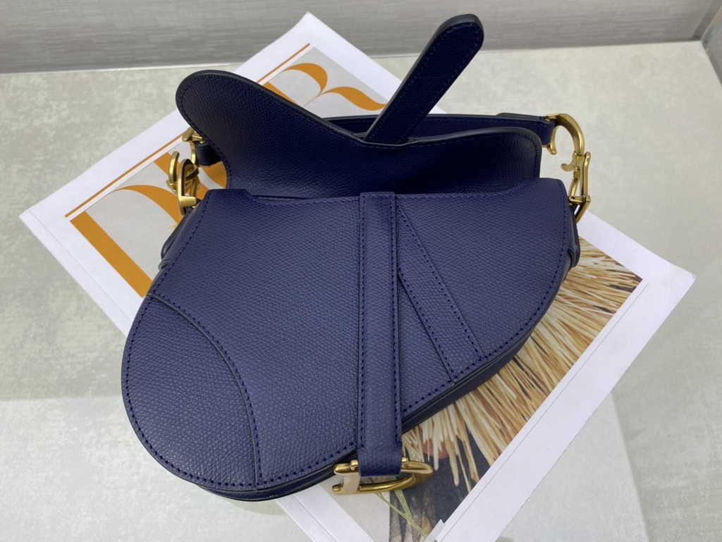 Dior M0455 Saddle Bag with Strap Navy Blue Grained Calfskin