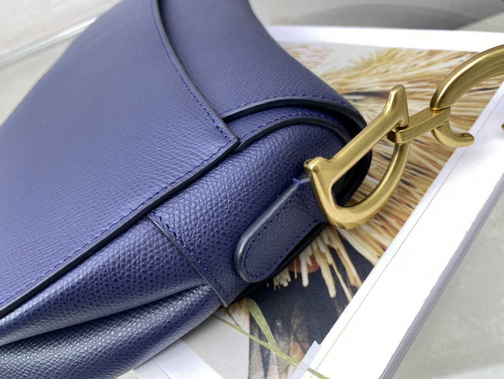 Dior M0455 Saddle Bag with Strap Navy Blue Grained Calfskin