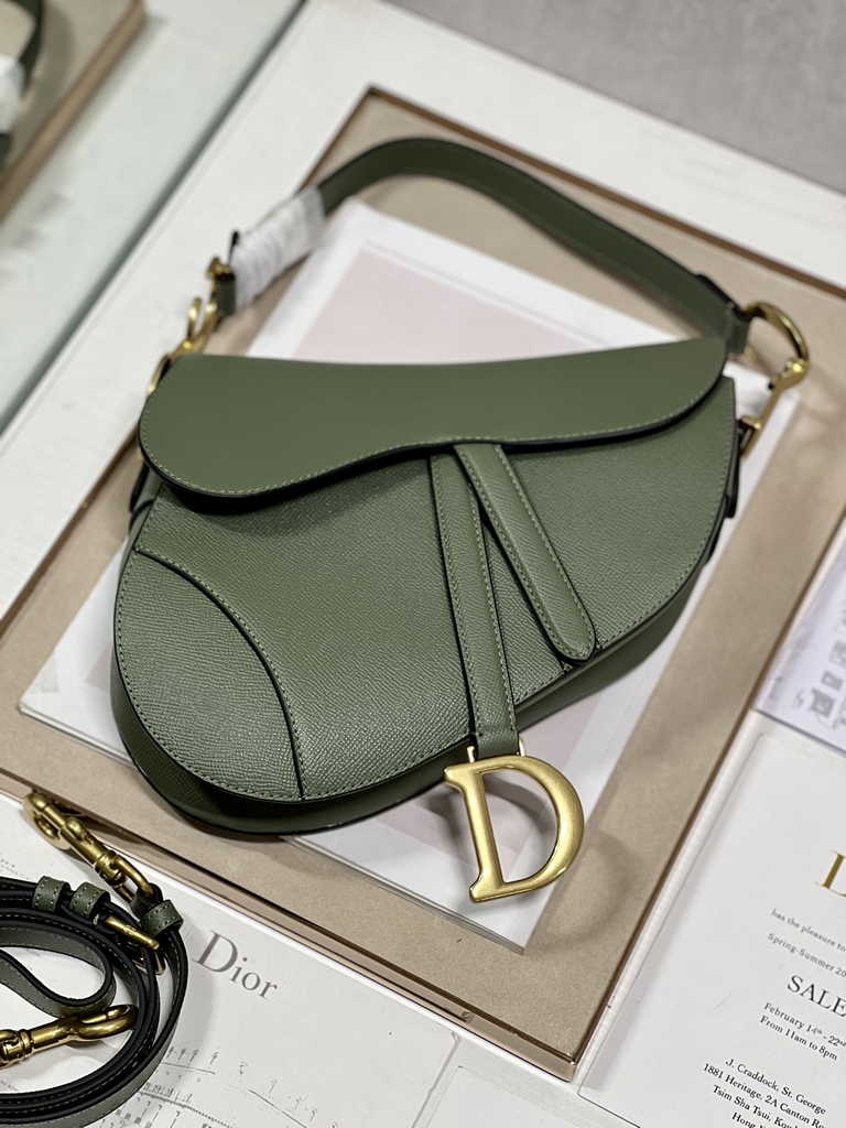Dior M0455 Saddle Bag with Strap Dark Green Grained Calfskin