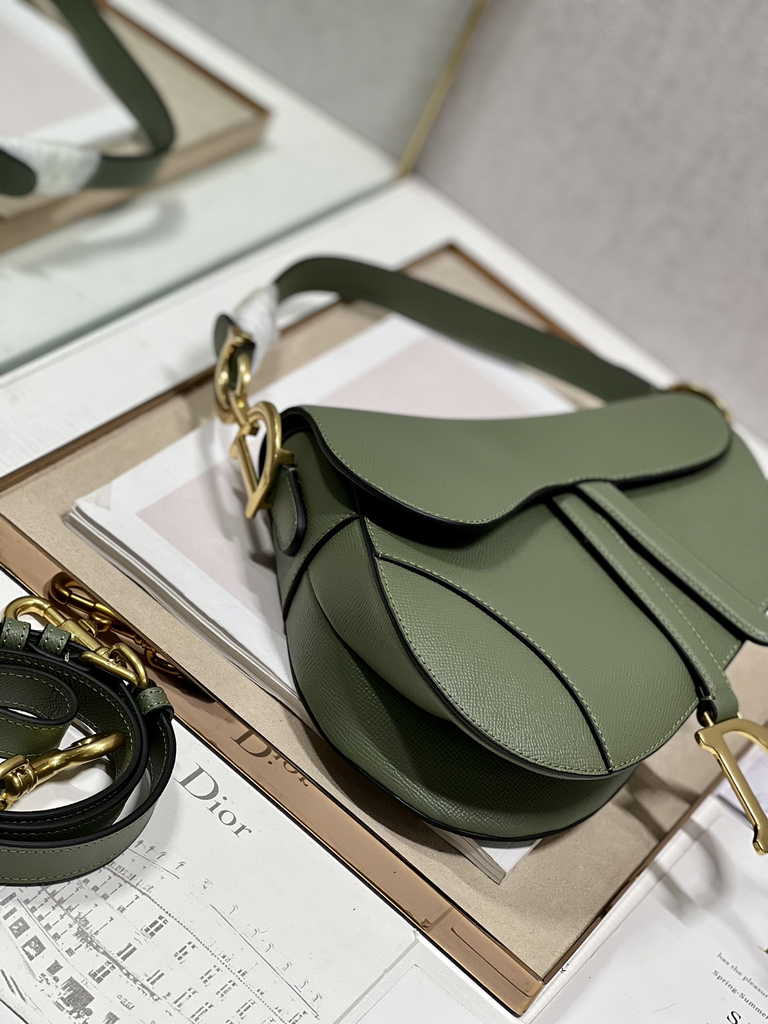 Dior M0455 Saddle Bag with Strap Dark Green Grained Calfskin