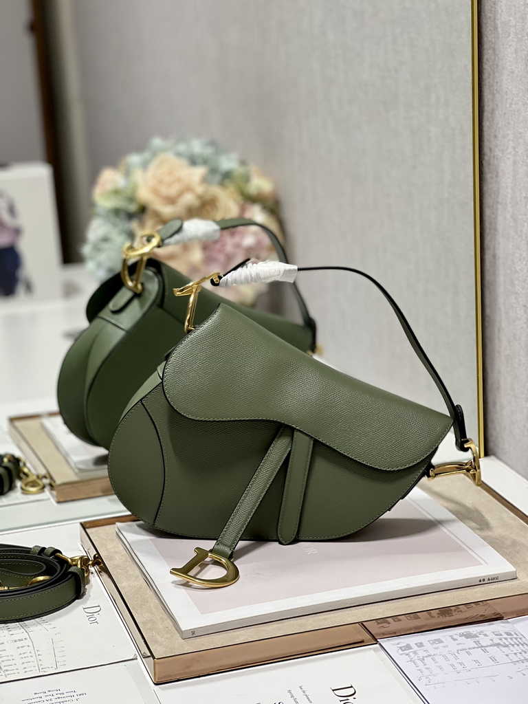 Dior M0455 Saddle Bag with Strap Dark Green Grained Calfskin