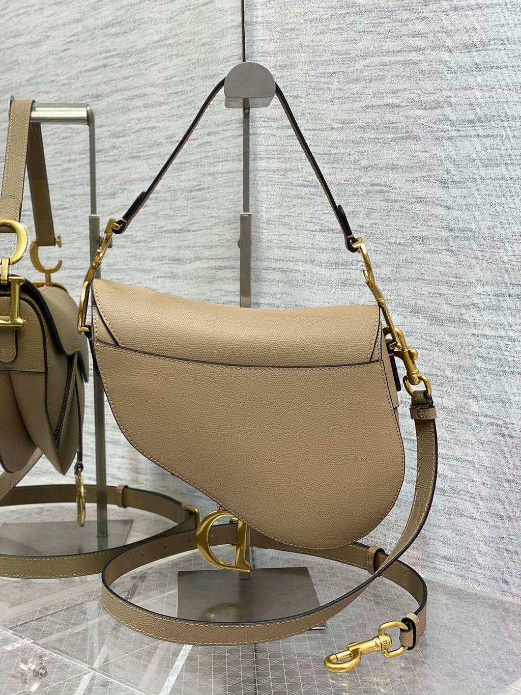 Dior M0455 Saddle Bag with Strap Beige Grained Calfskin