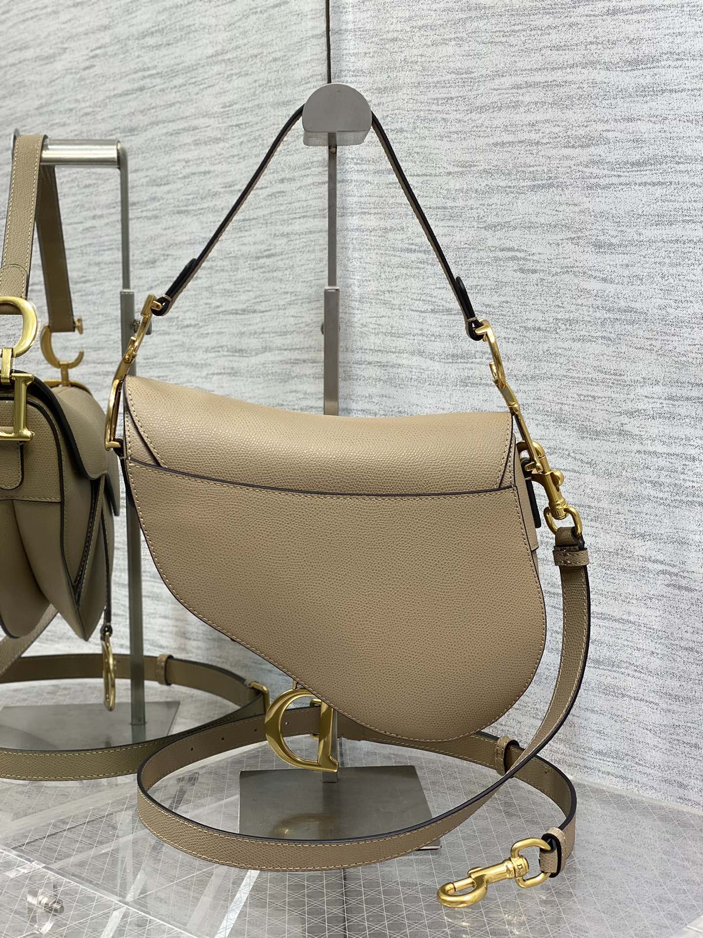Dior M0455 Saddle Bag with Strap Beige Grained Calfskin