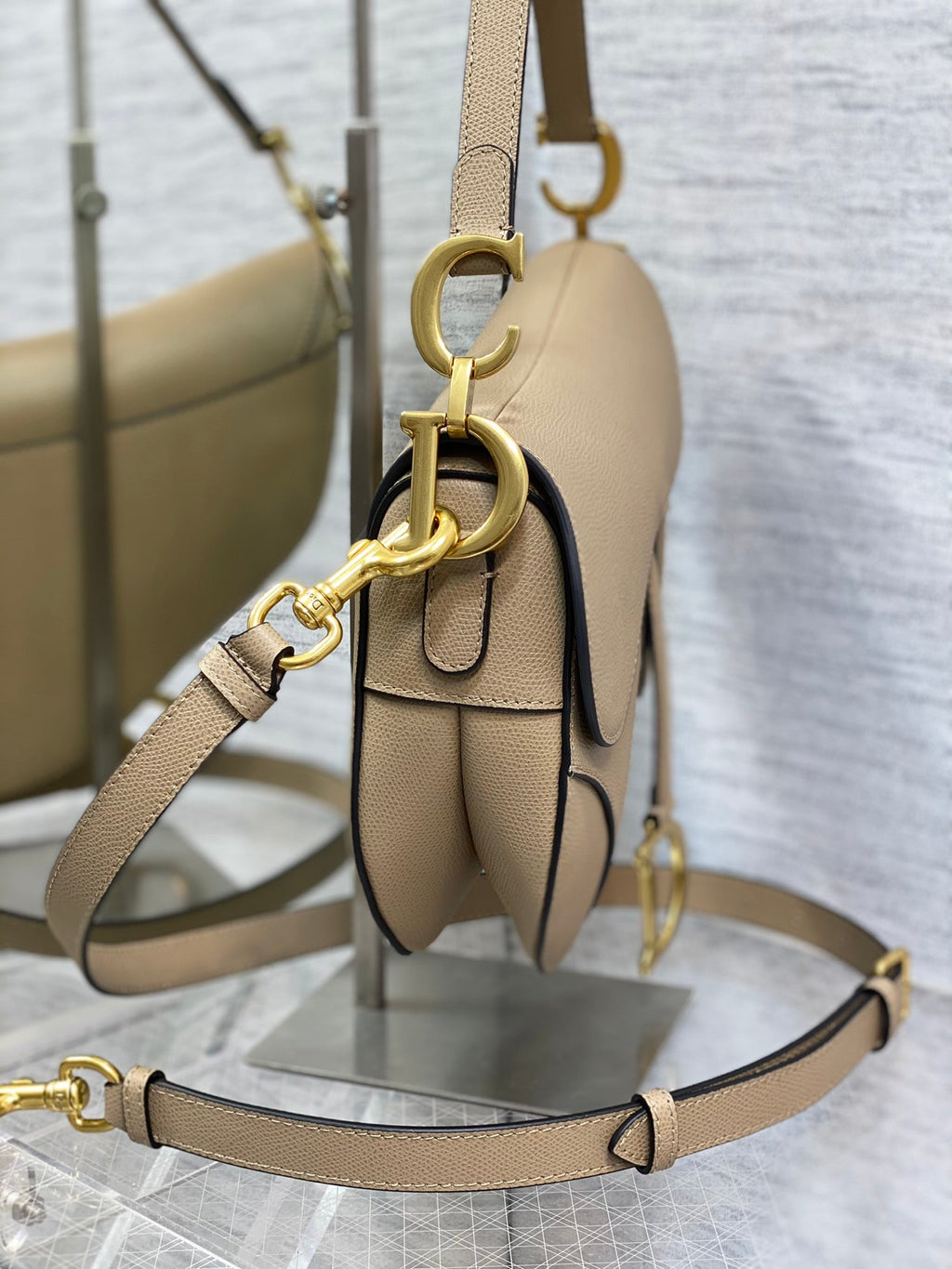 Dior M0455 Saddle Bag with Strap Beige Grained Calfskin